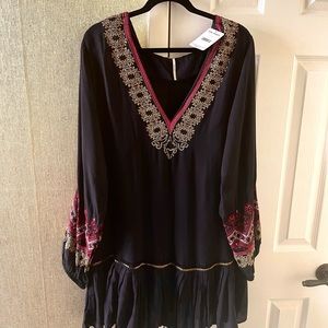 Free People FP boho bohemian tunic dress black embroidered L Large